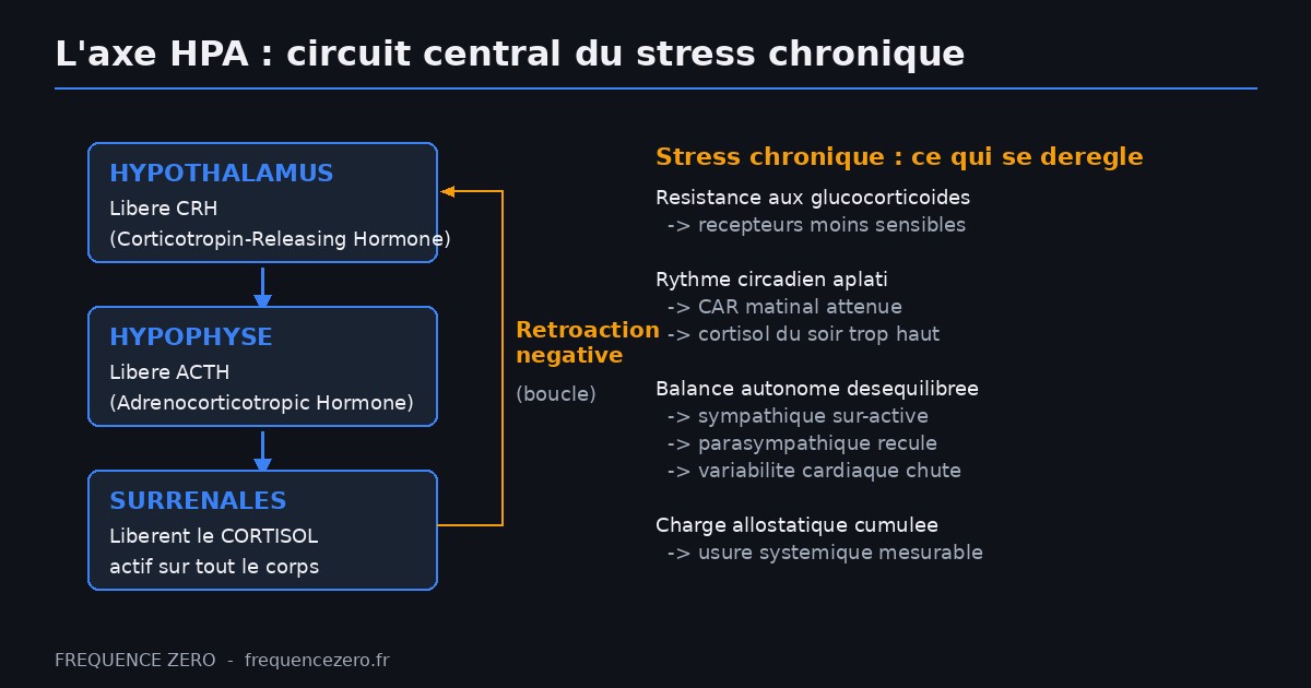 Schéma de l'axe HPA hypothalamo-hypophyso-surrénalien : libération de CRH par l'hypothalamus, ACTH par l'hypophyse, cortisol par les glandes surrénales, et boucle de rétroaction négative pour expliquer le mécanisme du stress chronique et la résistance aux glucocorticoïdes