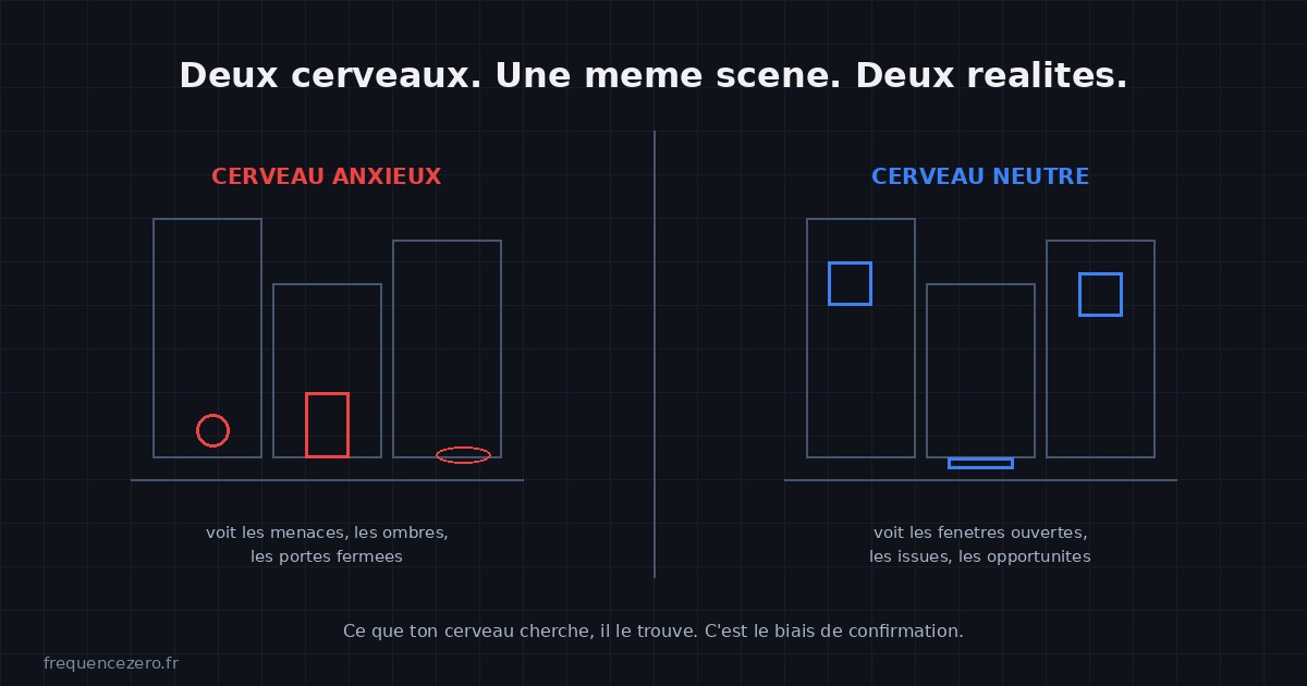 Illustration des biais cognitifs : deux cerveaux face à la même scène construisent deux perceptions différentes selon l'attention sélective et le biais de confirmation