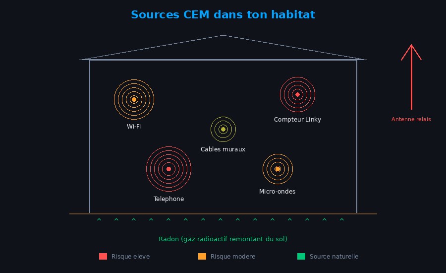 Schéma des sources de champs électromagnétiques dans une habitation : Wi-Fi, compteur Linky, téléphone, câbles, antennes et radon