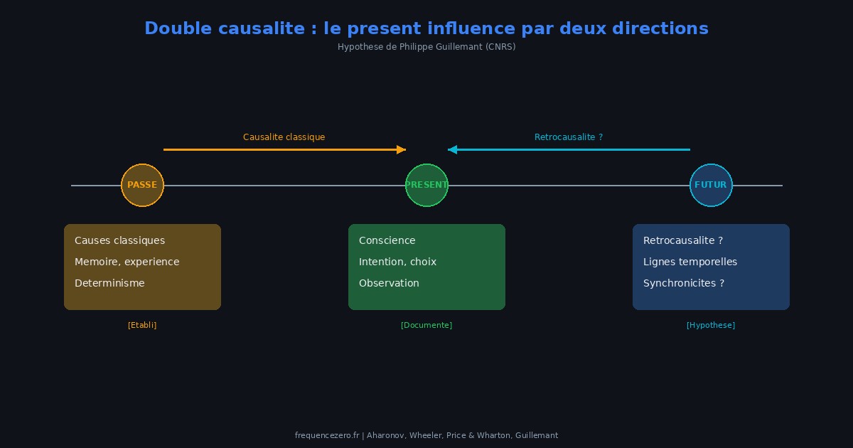 Schéma de la double causalité selon Philippe Guillemant : le présent est influencé par le passé (causalité classique, établi) et potentiellement par le futur (rétrocausalité, hypothèse), la conscience jouant un rôle de navigation entre lignes temporelles