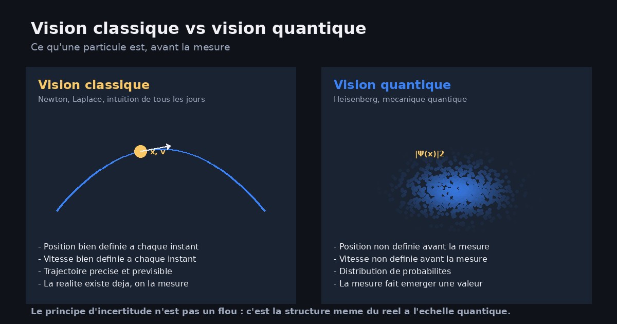 Schéma comparant la vision classique d'une particule (position et vitesse définies à chaque instant, trajectoire précise) et la vision quantique d'une particule selon le principe d'incertitude de Heisenberg (distribution de probabilité, position et quantité de mouvement indéterminées avant la mesure)