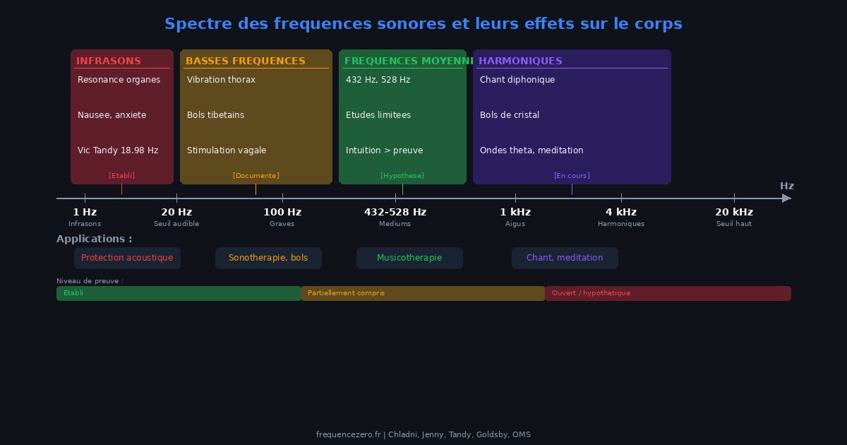 Schéma : spectre des fréquences sonores et leurs effets sur le corps